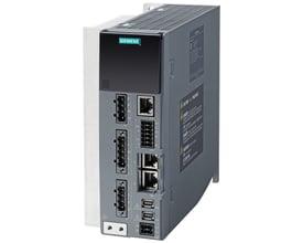 Siemens SINAMICS S210 frekvensomformer med grå kabinet, mørk frontpanel med stik og etiket med advarselstekst.