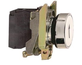 Schneider Electric trykknap, komplet, plan, hvid med sort pil op, 1NO, 22mm diameter, set fra siden.