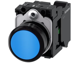 Siemens SIRIUS ACT trykknap 22mm med blå plastknap, 1 sluttekontakt og fjederklemme monteret på sort baggrund.