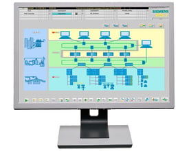 Siemens PCS7 Maintennance Station Runtime software-skærm der viser et procesflowdiagram med computere og systemkomponenter.