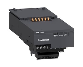 Schneider Electric TeSys U DeviceNet kommunikationsmodul, model LULC09, med indgange til 20mm rør og grå kabinet.