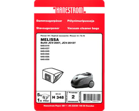 Hanestrom støvsugerposer H 348 til MELISSA Bullit støvsugere, viser illustration af pose og støvsuger.