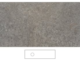 Svedbergs Mineral bordplade i kalksten, 161 x 46 cm med udskæring V; grafikken viser stenoverfladen og en tegning med rundt hul.
