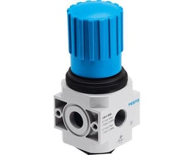 Festo presregulator LRB-D-O-MINI med blå drejeknap og gråt metalhus, perfekt til præcis trykindstilling.