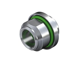 Metalfarvet hus til Weidmüller M8-rundstik med grøn ring, vist skråt forfra med den åbne tilslutning synlig.