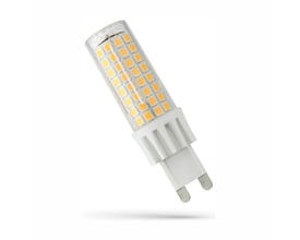 SpectrumLED G9 LED-pære på 7 W med synlige lysdioder, hvid fatning og to metalben, set skråt fra siden.