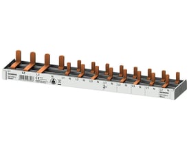Siemens PIN samleskinne 10mm² L214MM til el-installation med markeringer for L1, L2, L3 og N samt sikkerhedssymboler.
