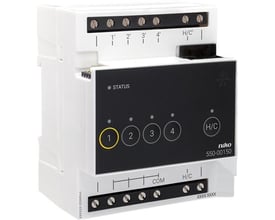 Niko Home Control opvarmnings- eller kølingsmodul med numrene 1-4 og statusindikatorer på frontpanelet.