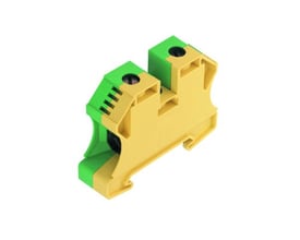 Detaljeret billede af Weidmüller WPE 35N jordklemme for 35 mm² kabel med skrueterminaler og gul/grøn farve.