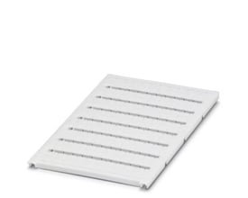 Nærbillede af et ark med Phoenix Contact UC-TM 6 mærkeskilte, der viser de forperforerede sektioner i hvidt polyamidmateriale.