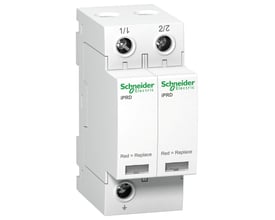 Schneider Electric overspændingsafleder A9 iPRD 40r 2-polet 350V, viser mærket og "Red = Replace" indikator.