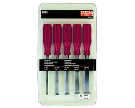 Bahco stemmejernssæt 9883 med fem stk. i forskellige størrelser (6-25 mm) præsenteret i klar plastemballage.