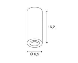 Teknisk tegning af SLV NUMINOS S loftlampen med mål for diameter på 6,5 cm og højde på 16,2 cm.
