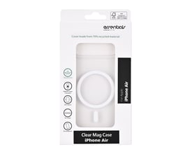 Emballagen viser et transparent Essentials-magnetcover til iPhone 17 Air med en tydelig magnetring.