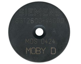 Siemens Transponder MDS D424 med 'MOBY D' mærkat, model 6GT2600-4AC00, diameter 27mm og tykkelse 4mm.
