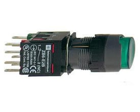 Schneider Electric XB6AE3B1B lampetryk med grønt, rundt, ophøjet tryk og frontring i plast, Ø 16 mm, med loddepin-tilslutninger.