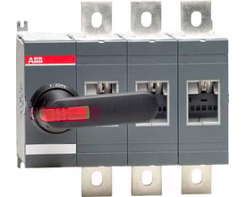 ABB 3-polet lastafbryder på 630A med frontbetjent drejegreb til bundmontering, set forfra med tydelig mærkning.