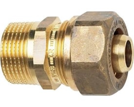 IMI TA-PX overgangsnippel i messing, Ø28x4,0 mm x ¾", med gevind og klemringskobling på hvid baggrund.