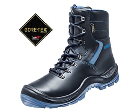 Atlas sikkerhedsstøvle GTX 935 i sort læder med blå detaljer og GORE-TEX logo, størrelse 44.