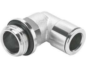 Festo vinkel-forskruning NPQM-L-G18-Q4-P10, en L-formet push-in fitting med gevind og muffe, lavet af metal med gummitætning.