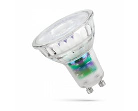SpectrumLED GU10 LED-pære på 2,5 W med klart hus, 4000 K lys og 38° spredning, vist skråt forfra.