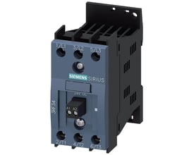 Siemens 3RF3 solid-state kontaktor i blå og sort plast med mærkat 'SIEMENS SIRIUS' og terminalnumre 1/L1, 3/L2, 5/L3 samt 2/T1, 4/T2, 6/T3.