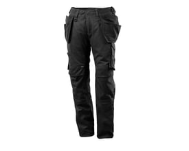 Bagfra set på Mascot sorte arbejdsbukser med CORDURA® forstærkninger på knæ og detaljerede lommer.