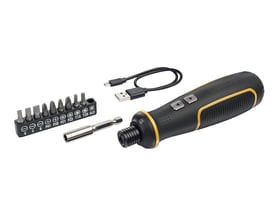 Ironside bitsskruetrækker på 3,6 V med sort og gult greb, vist sammen med ni bits, bitsholder og USB-kabel.