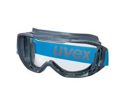 Uvex Megasonic gogglebrille med klar linse og grå ramme. Bredt blåt bånd med Uvex logo ses igennem linsen.
