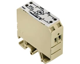 Weidmüller Ensrettermodul EGD1 EG2 4D i beige plast med orange mærkat, der viser 250V, 1A og elektrisk diagram. Monteres på DIN-skinne.