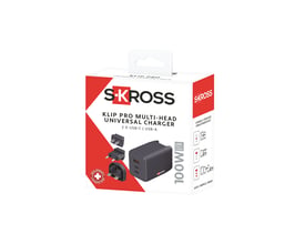 Emballagen til Skross Multihead UniCharger viser den sorte 100 W GaN-oplader med USB-A, to USB-C-porte og udskiftelige stik.