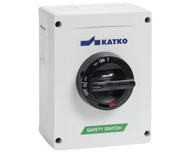 Katko EMC reparationsafbryder, 3 poler, 63A, med sort drejehåndtag og grønt 'SAFETY SWITCH' mærkat.