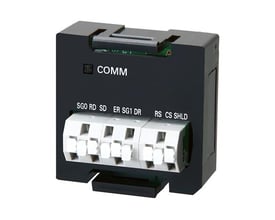 Omron Sysmac NX1P RS-232C skrueløst kommunikationskort med hvid terminalblok og mærkat med 'COMM'.