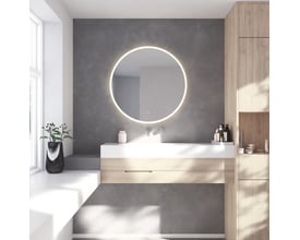 Loevschall Atlas rundt spejl, Ø100 cm, med dæmpbart lys og backlight, monteret over håndvask på badeværelse.