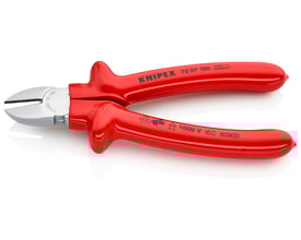 Knipex VDE-godkendt skævbider på 180 mm med røde isolerede håndtag og polerede skær, fremstillet i Tyskland.