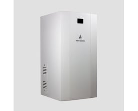 Mareli Systems Ecostar AUTO 50 kW træpillefyr i fuld størrelse, hvidt design med logo og betjeningspanel vist på grå baggrund.