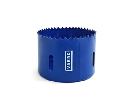 VAERK hulsav i blå metal med 76 mm diameter og skarpe tænder til effektiv boring.