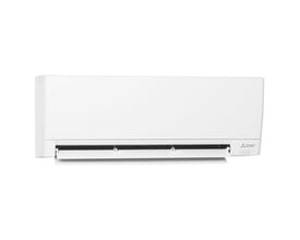 Hvid Mitsubishi MSZ-AY35VGK varmepumpeindedel med den lange luftudgangsklap åben, model med WiFi og 2,9 kW.