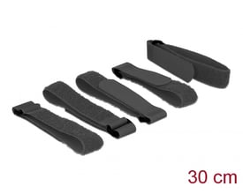 Fem sorte DeLock velcrobånd, L 300 mm x B 20 mm, vist med løkke og velcro for nem fastgørelse på hvid baggrund.