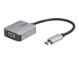 ATEN USB-C til VGA adapter i grå metal med et fastmonteret sort kabel og en VGA-port på den ene ende.