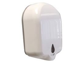 HeFe berøringsfri sæbedispenser i blank hvid plast med ikon for hånd og sæbedrop. Mål: 106 x 140 x 236 mm.