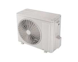 Lysegrå GREE COSMO 12K udedel med stor rund ventilator, vist skråt forfra med siden synlig.