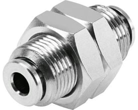 Festo skotforskruning NPQH-H-Q8-E-P10 i metal med 7 mm nominel størrelse og push/pull funktion på hvid baggrund.