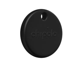Sort Chipolo POP Bluetooth-tracker til nøgler og tasker med rundt design, indbygget hul og Chipolo-logo.
