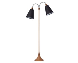 Nielsen Light Fodgænger gulvlampe med trælook, to sorte skærme og sort ledning, isoleret på hvid baggrund.