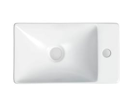 Top view af en firkantet, mat hvid keramisk håndvask 38x22x10 cm med hanehul til højre og uden overløb.