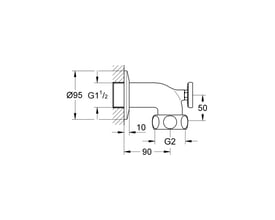 Teknisk tegning af Grohe Lahr afgangsbøjning med mål og dimensioner for 2" x 1 1/2" gevind og 90 mm fremspring.