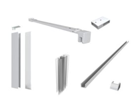 Vetro Profil Kit til fast brusevæg i mat hvid med alu bundskinne, vægholder og vinkelbeslag.