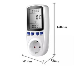 Digital LCD-energimåler til Schuko-stikkontakt vist med display og mål på 160 × 41 × 72 mm.
