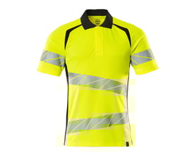 Bagfra af Mascot Hi-Vis poloshirt i gul og sort, der viser refleksdetaljer og kravedesign.